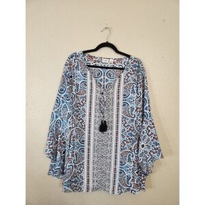 Cato Woman Blue Red Paisley Print Tassel Blouse Flowy Bell Sleeve‎ Top 22/24W